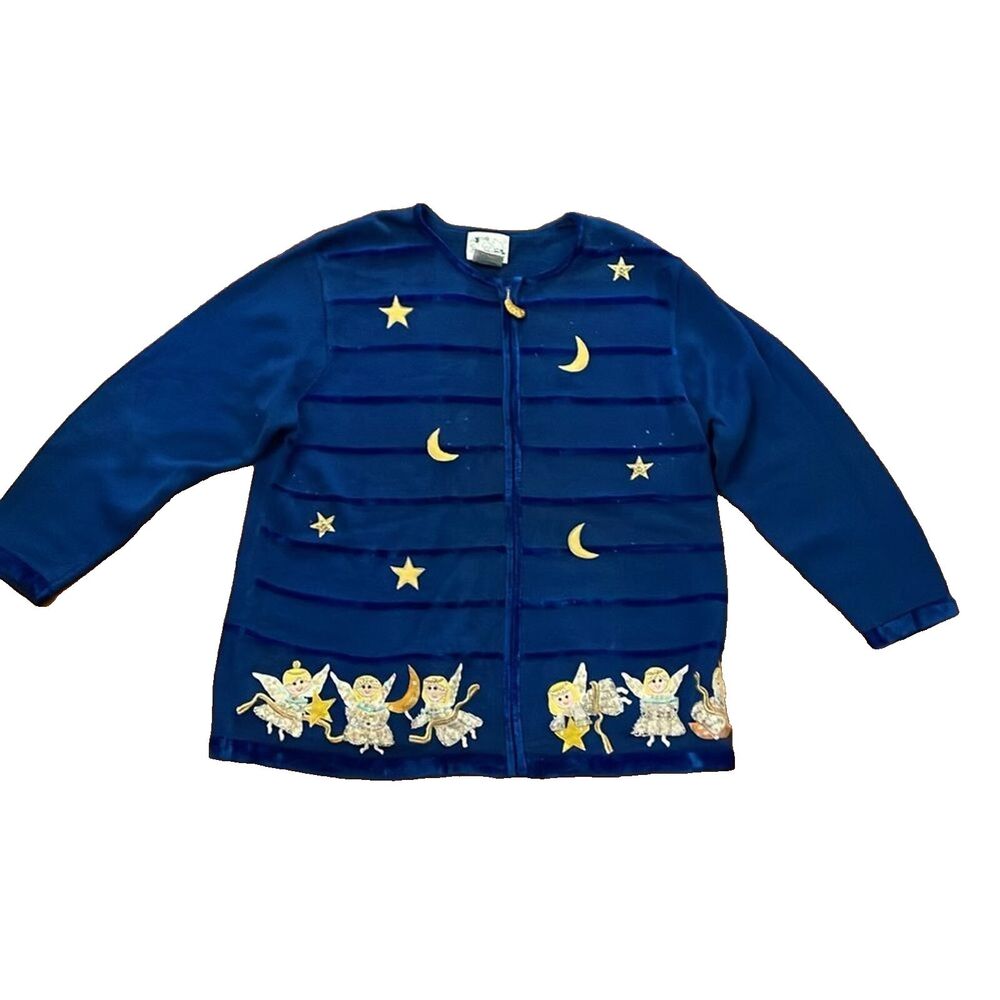 The Quacker Factory Vintage Blue Knit Angel Cardigan Sweater Womens 1X Holiday